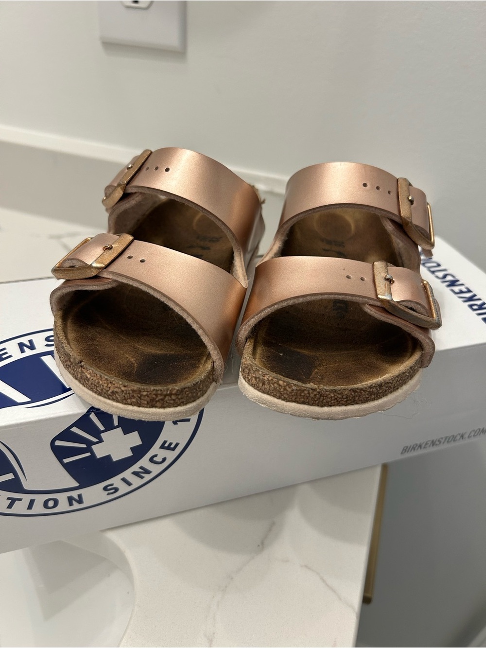 Birkenstock Kids Metallic Rose Gold Two-Strap Sandals